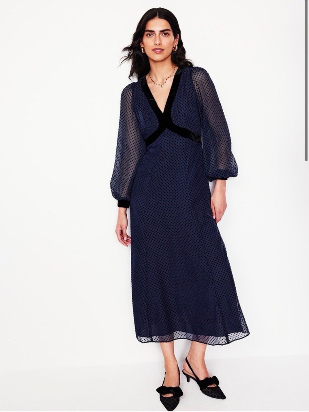 Boden- Navy Dot Midi Dress with Velvet Trim